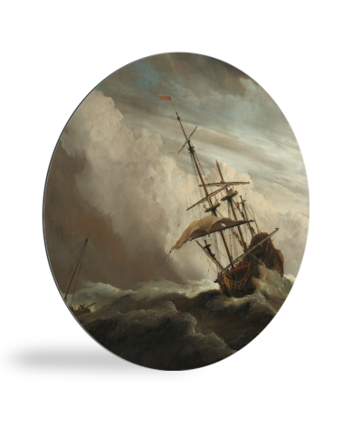 Een schip in volle zee bij vliegende storm - Schilderij van Willem van de Velde wandcirkel 