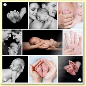 Fotocollage pasgeboren baby op plexiglas