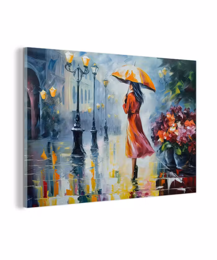 Glas schilderij - Olieverf - Paraplu - Vrouw - Straat - Kunst