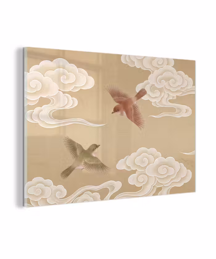 Glas schilderij - Vogels - Vliegen - Beige