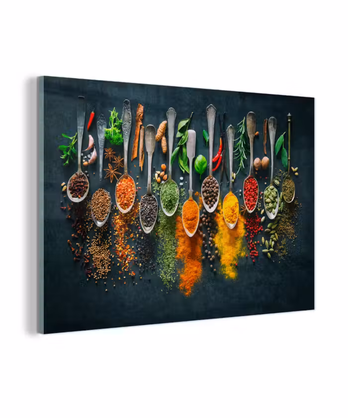 Glas schilderij - Kruiden - Specerijen - Lepels