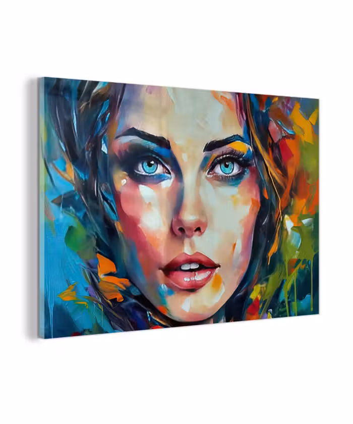 Glas schilderij - Gezicht - Vrouw - Olieverf - Kleurrijk - Kunst