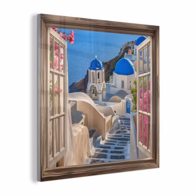 Glas schilderij - Doorkijk - Santorini - Landschap - Blauw - Grieks — 1