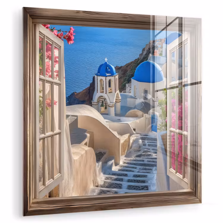 Glas schilderij - Doorkijk - Santorini - Landschap - Blauw - Grieks — 3