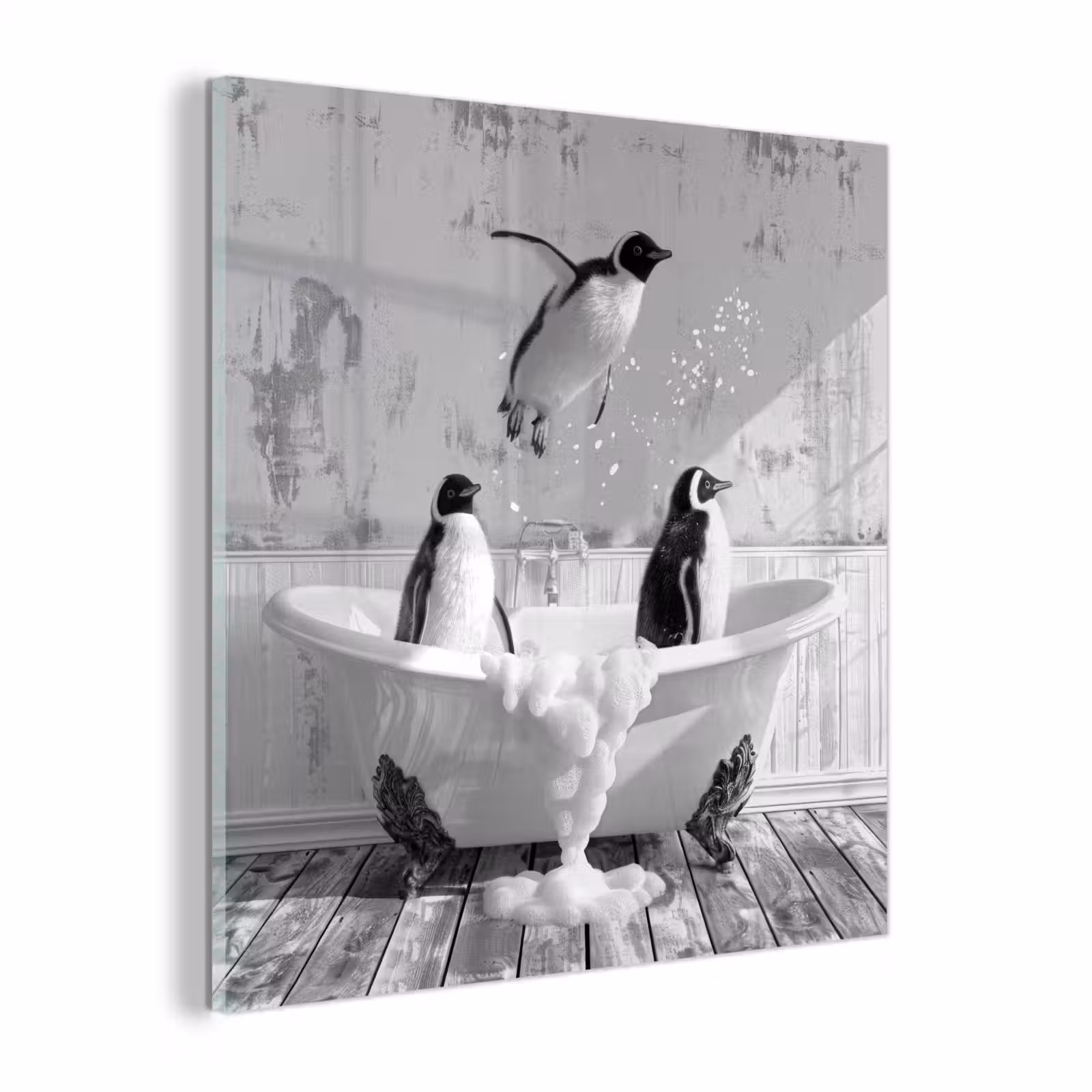 Glas schilderij - Pinguïns - Vintage - Dieren - Zwart - Wit — 1