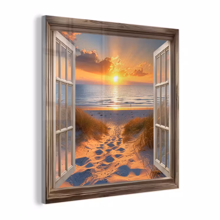 Glas schilderij - Doorkijk - Strand - Duinen - Zonsondergang — 1