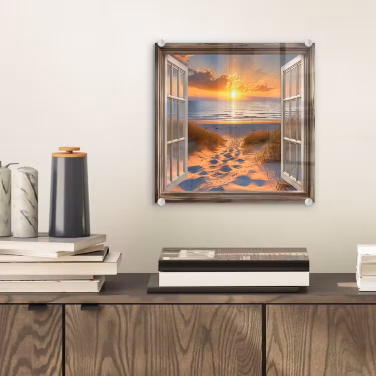 Glas schilderij - Doorkijk - Strand - Duinen - Zonsondergang — 2
