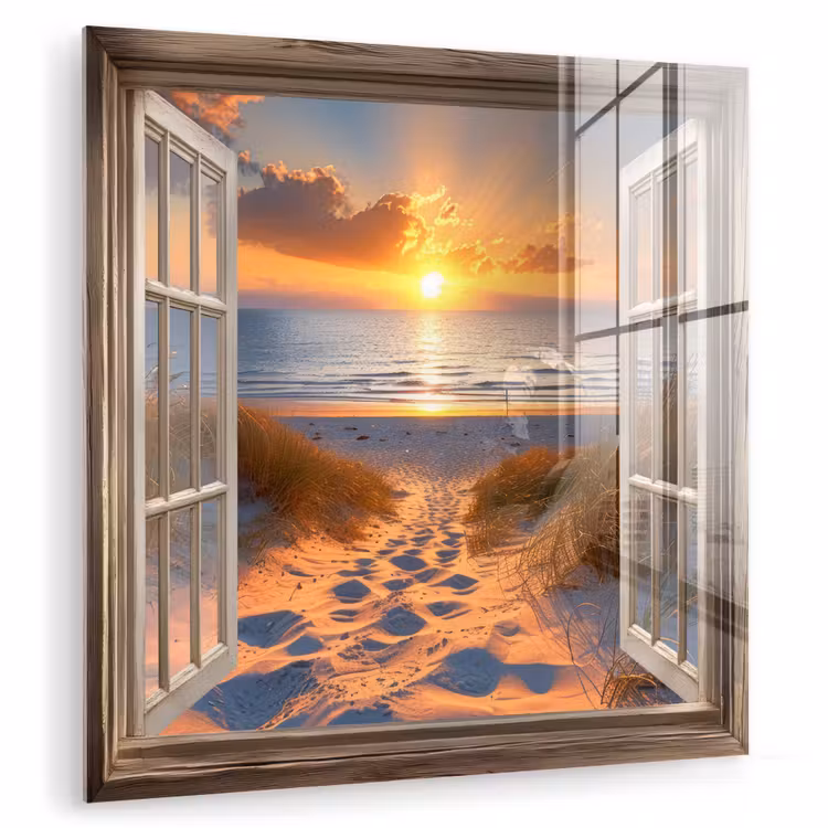 Glas schilderij - Doorkijk - Strand - Duinen - Zonsondergang — 3