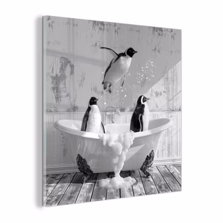 Glas schilderij - Pinguïns - Vintage - Dieren - Zwart - Wit — 1