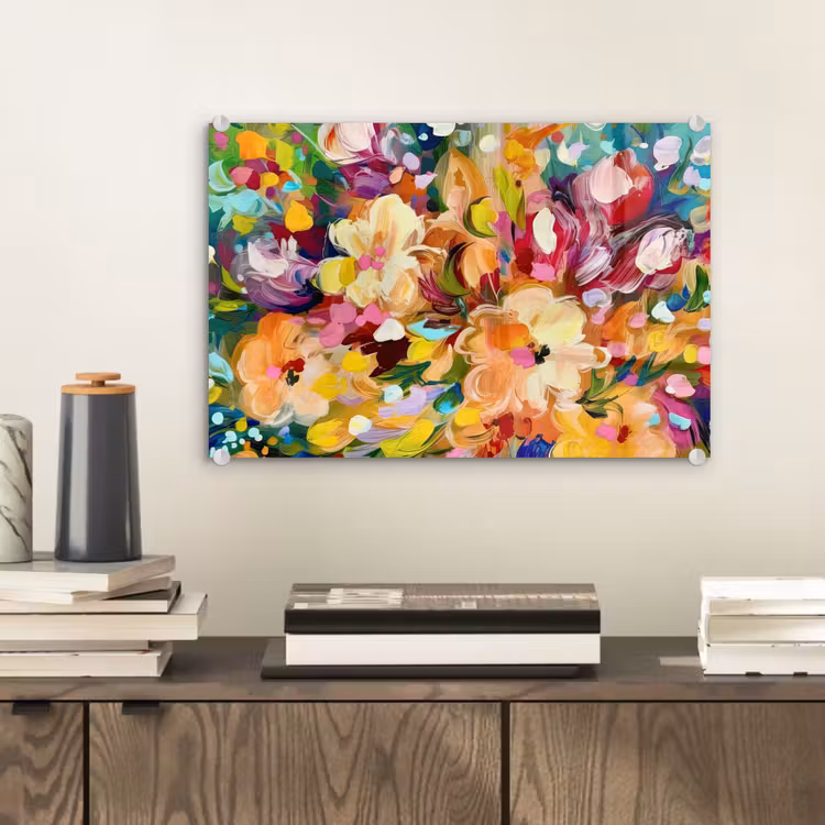 Glas schilderij - Schilderij - Olieverf - Bloemen - Regenboog — 2