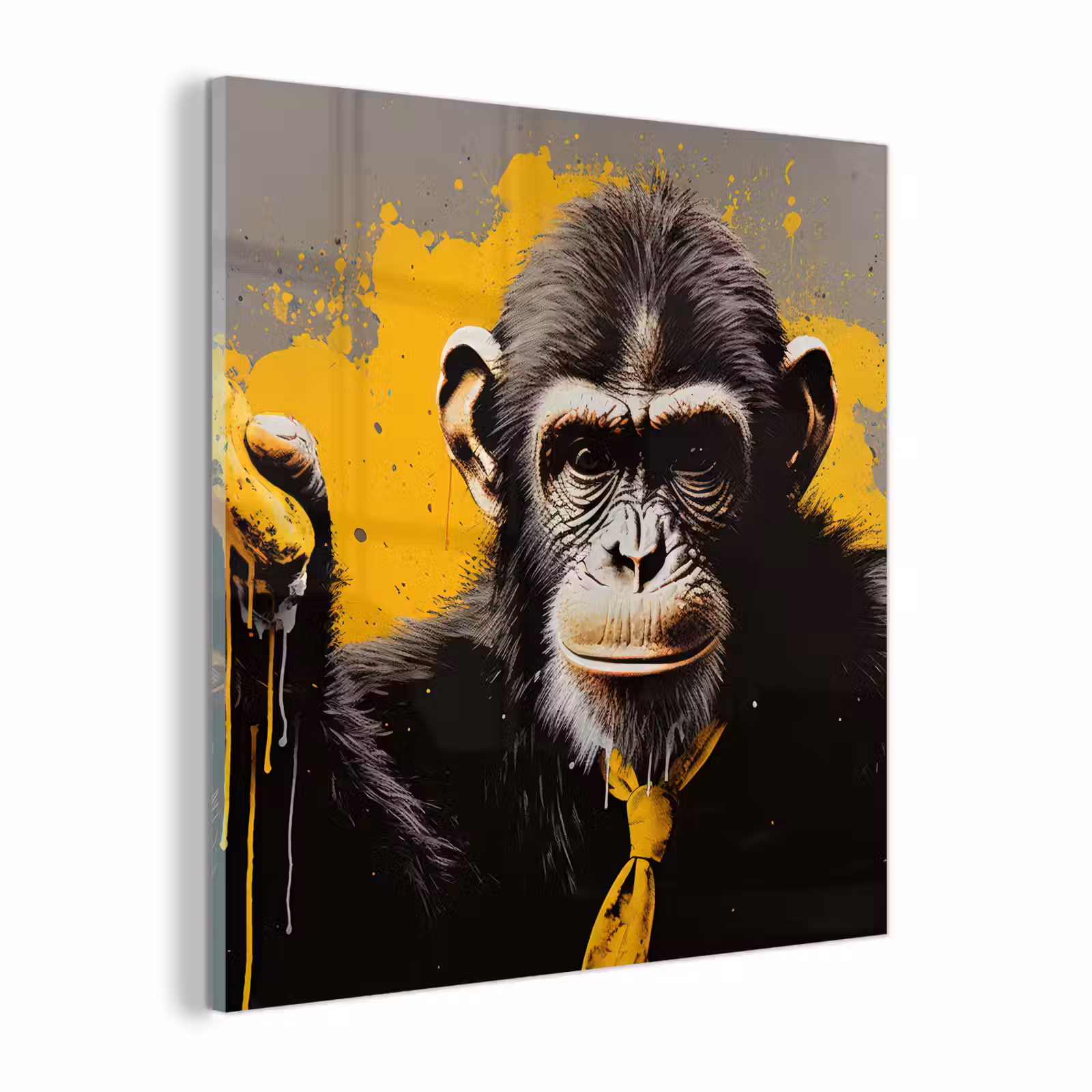 Glas schilderij - Aap - Chimpansee - Banaan - Geel - Dieren - Stropdas — 1