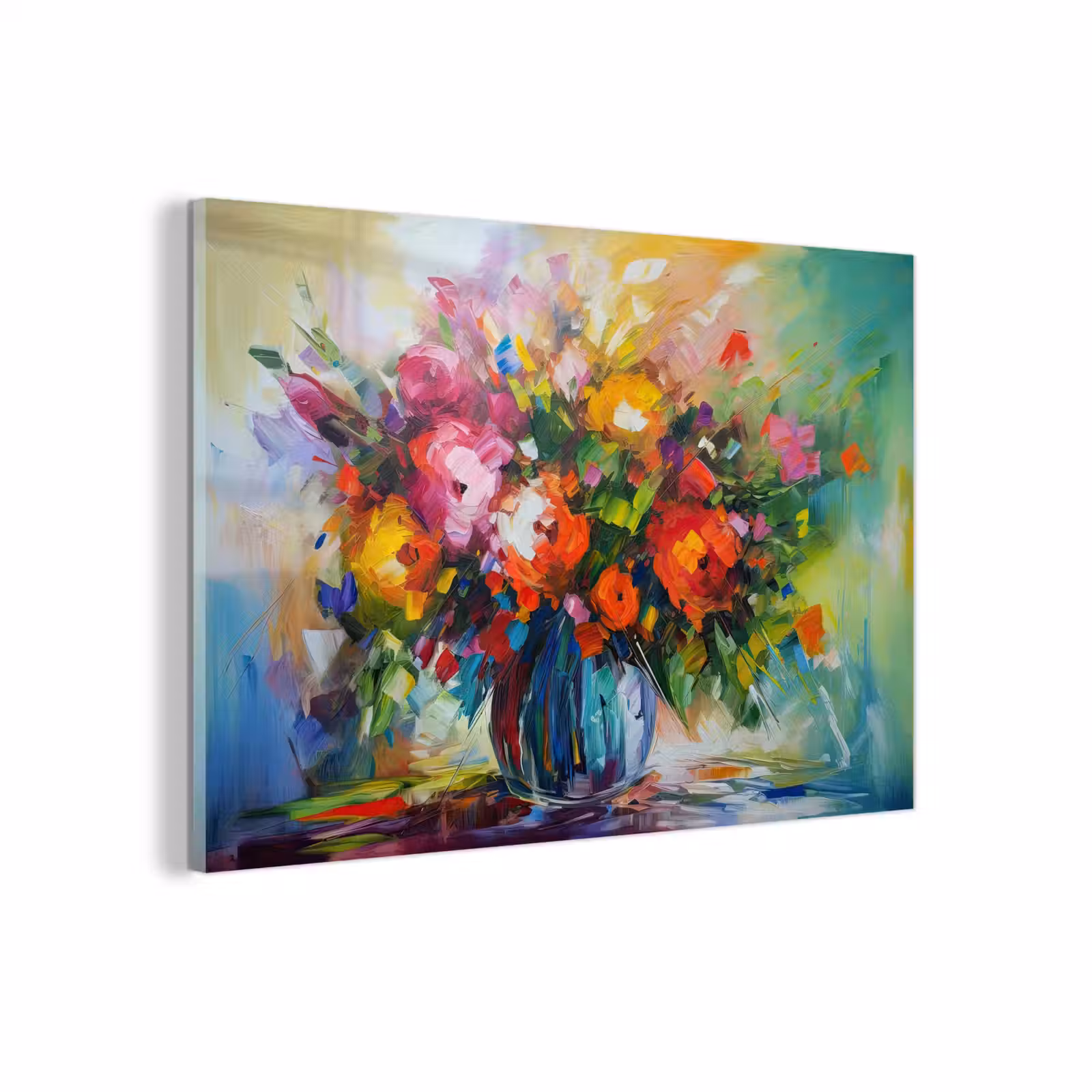 Glas schilderij - Bloemen - Kleurrijk - Bloempot - Olieverf — 1