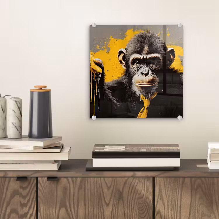 Glas schilderij - Aap - Chimpansee - Banaan - Geel - Dieren - Stropdas — 2