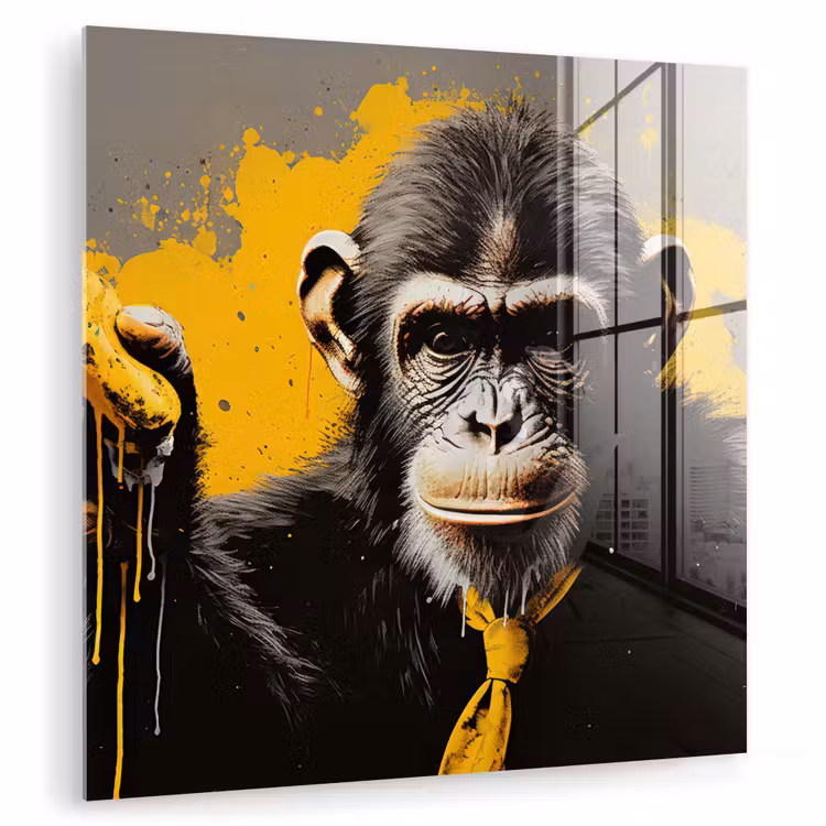 Glas schilderij - Aap - Chimpansee - Banaan - Geel - Dieren - Stropdas — 3