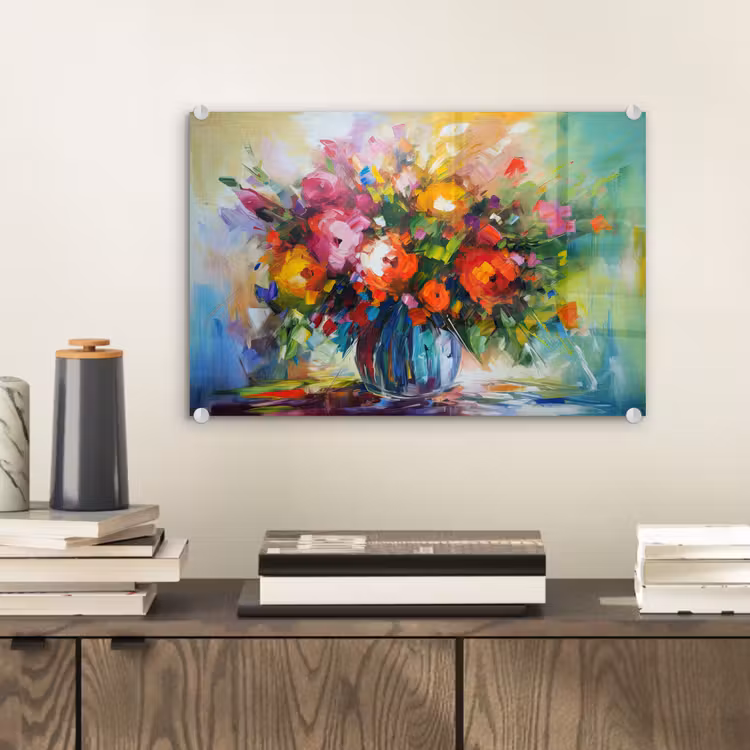 Glas schilderij - Bloemen - Kleurrijk - Bloempot - Olieverf — 2