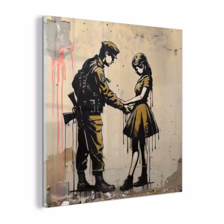 Glas schilderij - Soldaat - Meisje - Bruin - Graffiti — 1