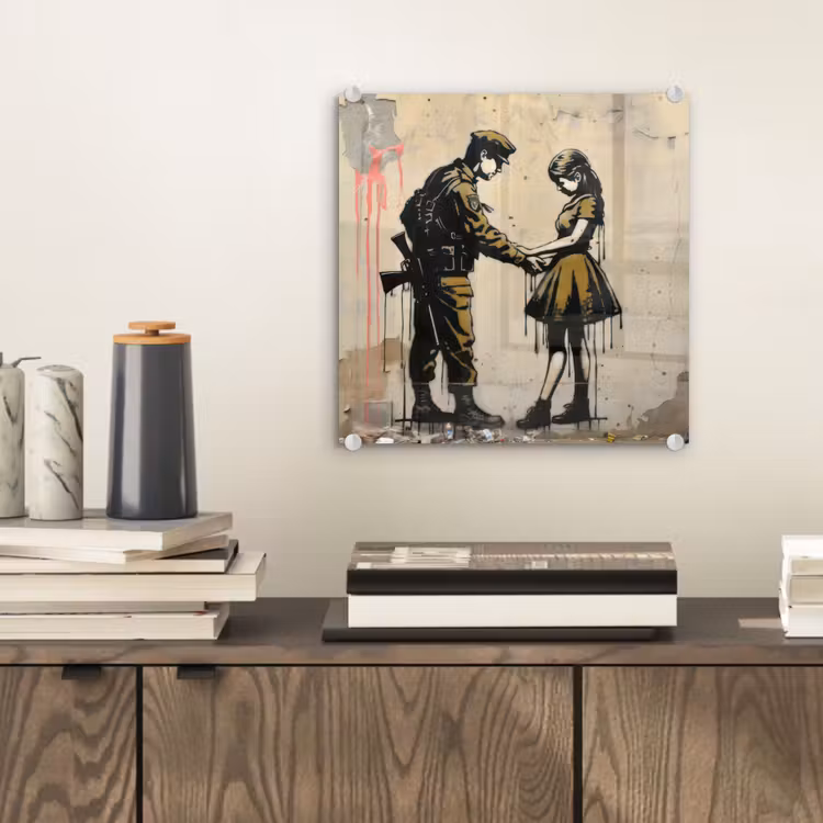 Glas schilderij - Soldaat - Meisje - Bruin - Graffiti — 2