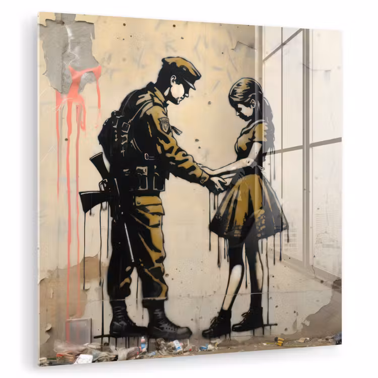 Glas schilderij - Soldaat - Meisje - Bruin - Graffiti — 3