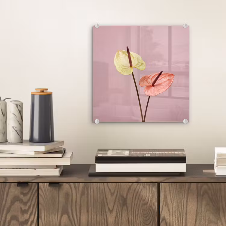 Glas schilderij - Bloemen - Anthuriums - Geel - Roze — 2