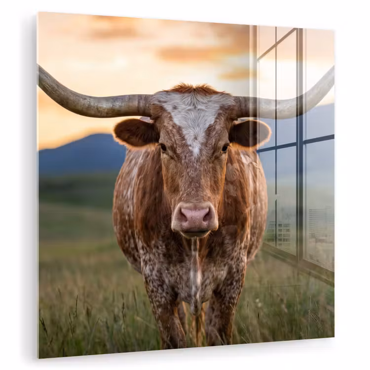 Glas schilderij - Longhorn - Landschap - Zonsondergang — 3