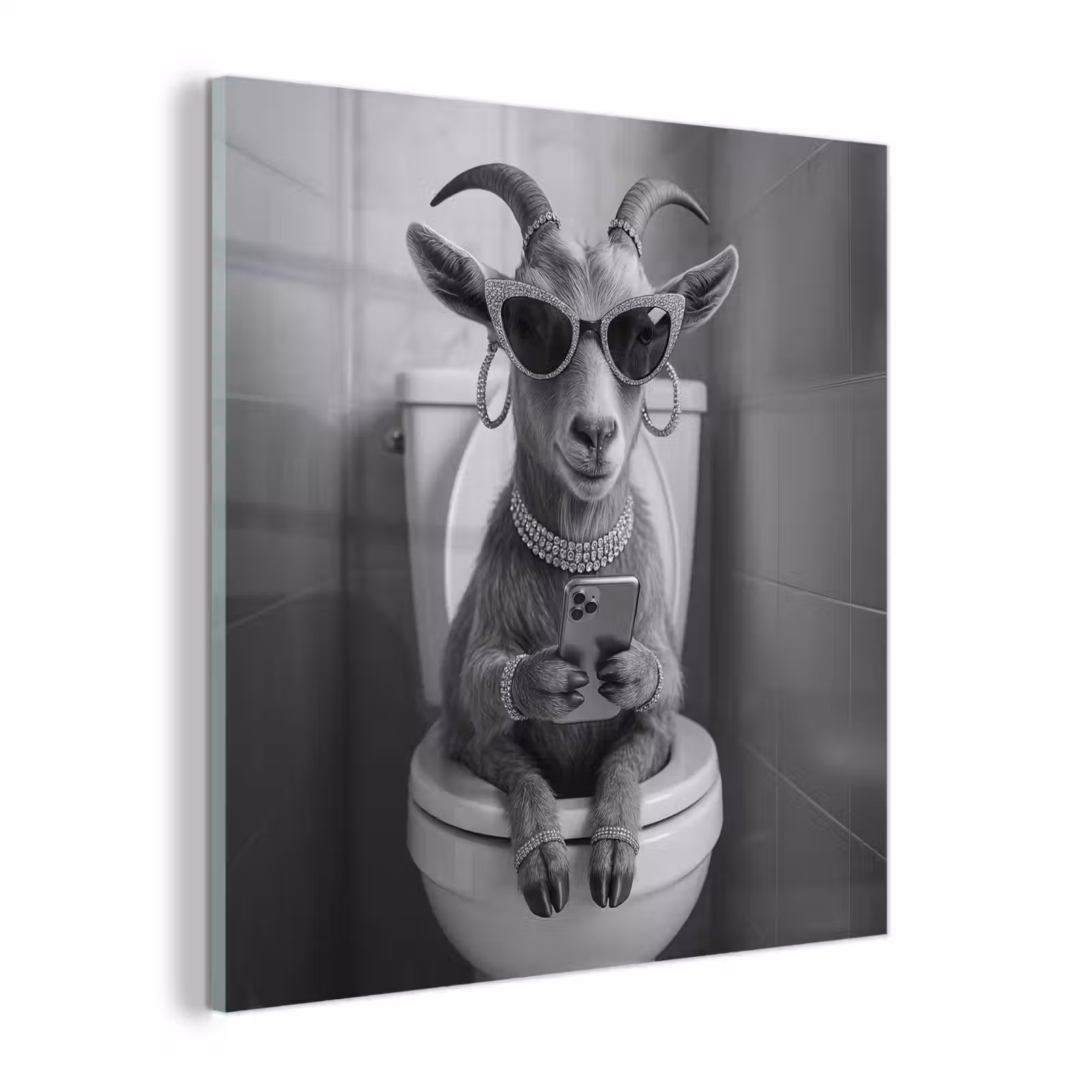Glas schilderij - Geit - Telefoon - Toilet - Zwart - Wit — 1