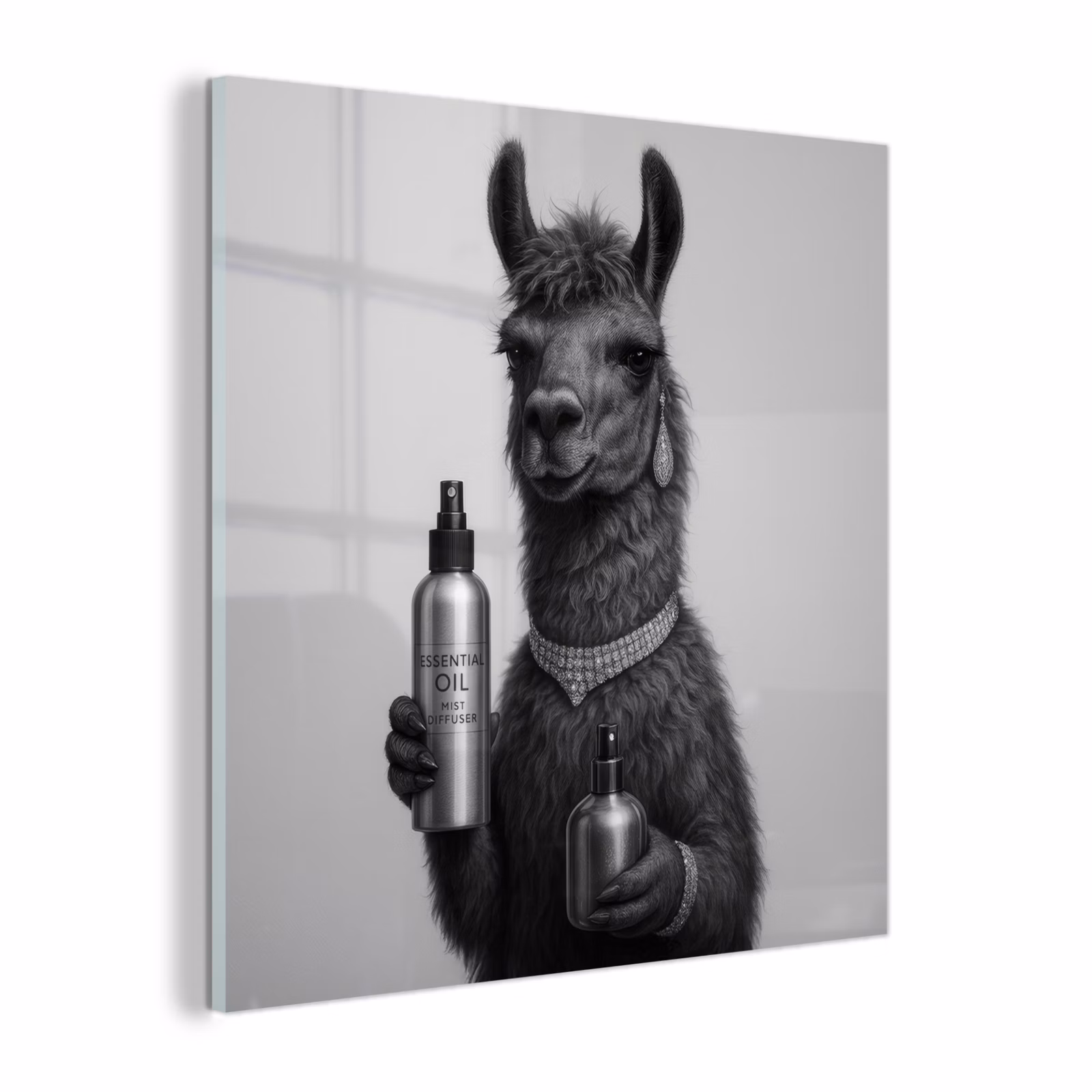 Glas schilderij - Lama - Flessen - Zwart - Wit — 1