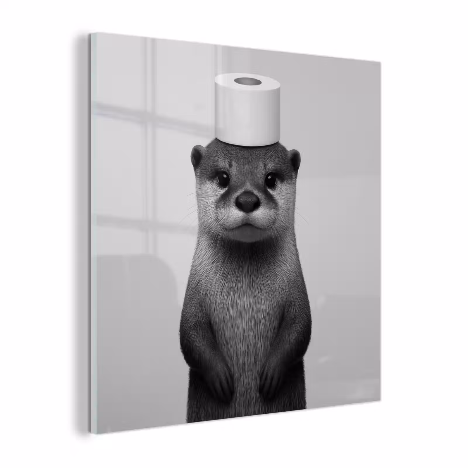 Glas schilderij - Otter - WC rol - Zwart - Wit — 1