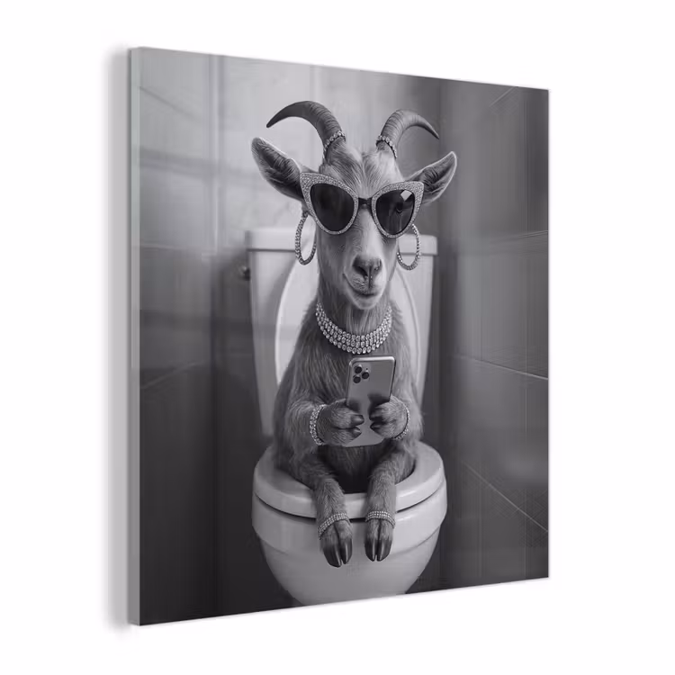 Glas schilderij - Geit - Telefoon - Toilet - Zwart - Wit — 1