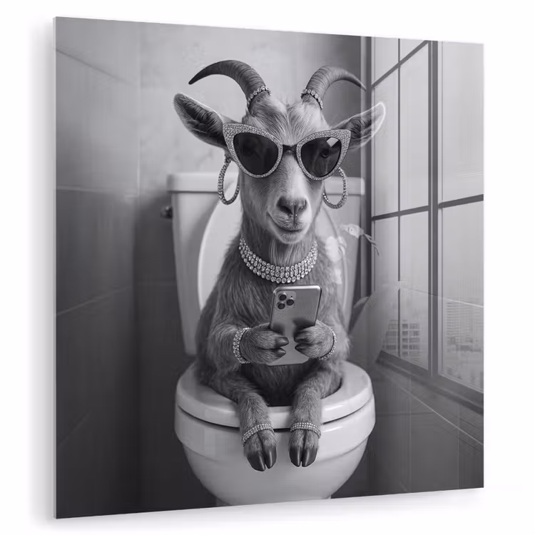Glas schilderij - Geit - Telefoon - Toilet - Zwart - Wit — 3