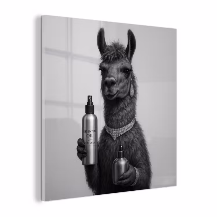 Glas schilderij - Lama - Flessen - Zwart - Wit — 1