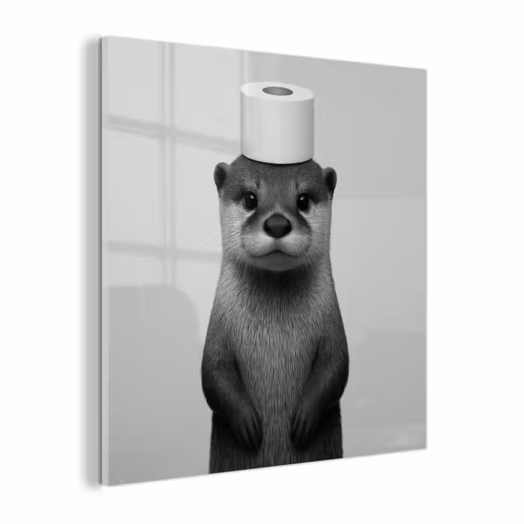 Glas schilderij - Otter - WC rol - Zwart - Wit — 1