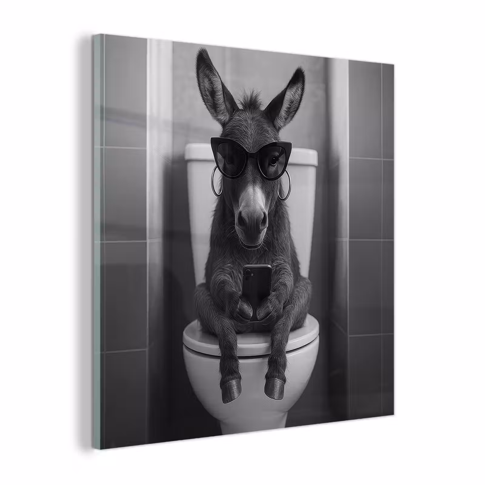 Glas schilderij - Ezel - Telefoon - Toilet - Zwart - Wit — 1