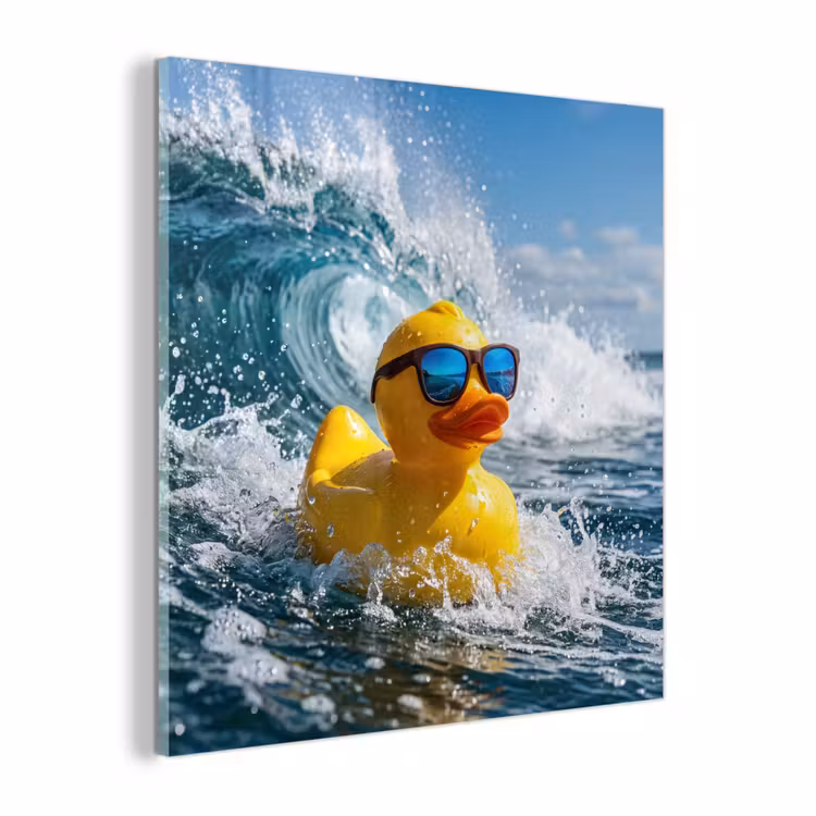Glas schilderij - Badeend - Stoer - Golven — 1