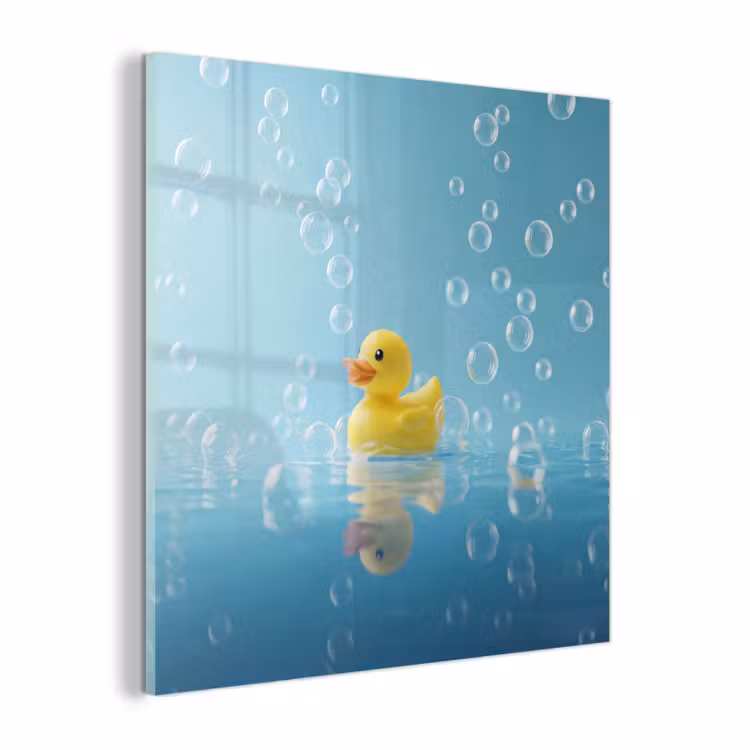 Glas schilderij - Bubbels - Badeend - Geel — 1