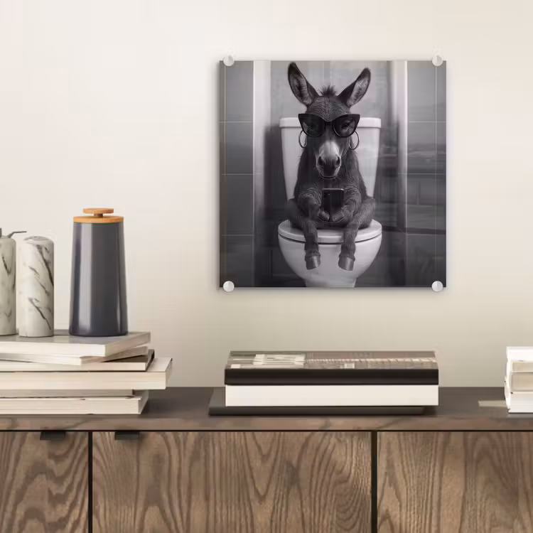 Glas schilderij - Ezel - Telefoon - Toilet - Zwart - Wit — 2