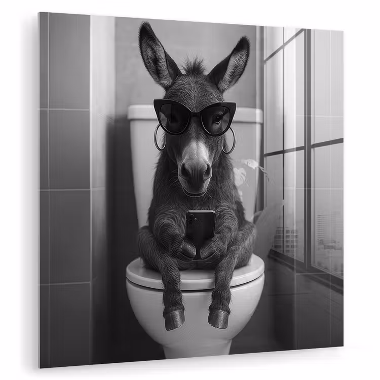 Glas schilderij - Ezel - Telefoon - Toilet - Zwart - Wit — 3