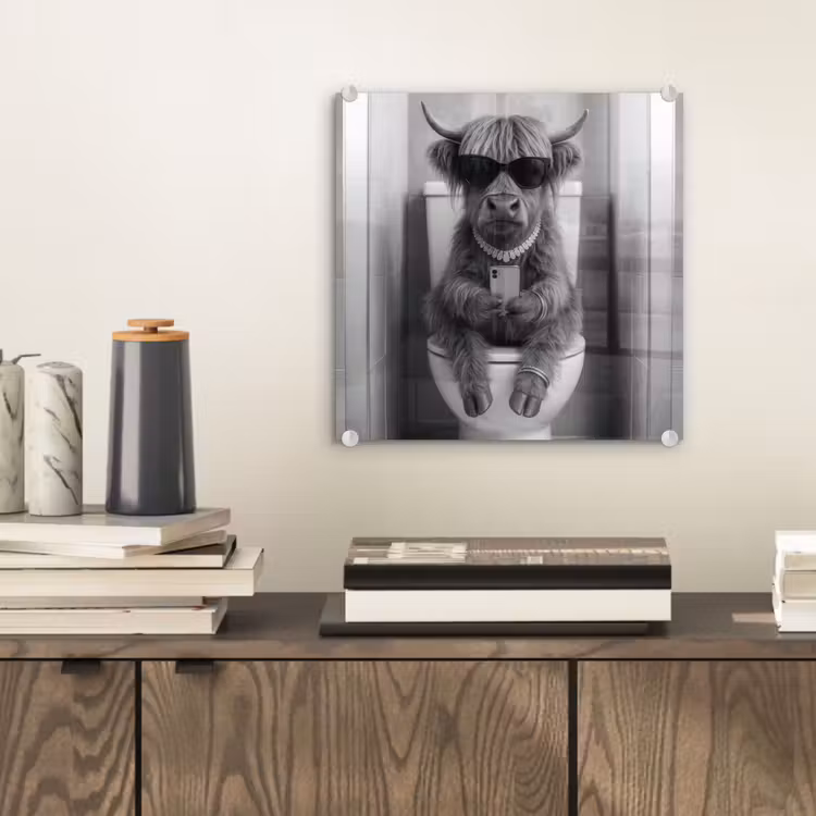 Glas schilderij - Stier - Telefoon - Toilet - Zwart - Wit — 2
