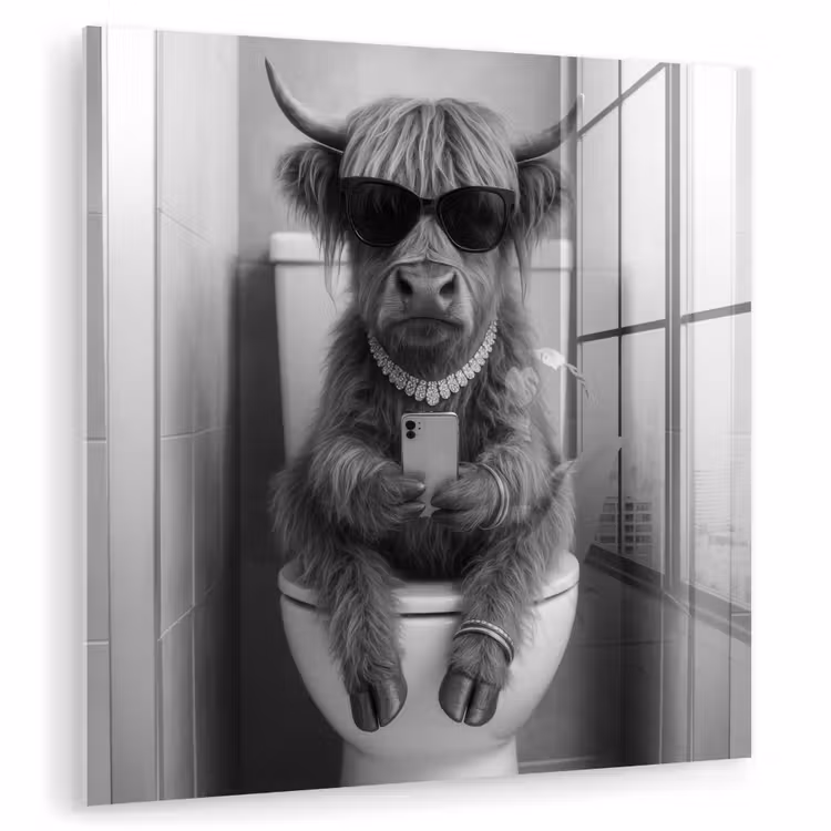 Glas schilderij - Stier - Telefoon - Toilet - Zwart - Wit — 3