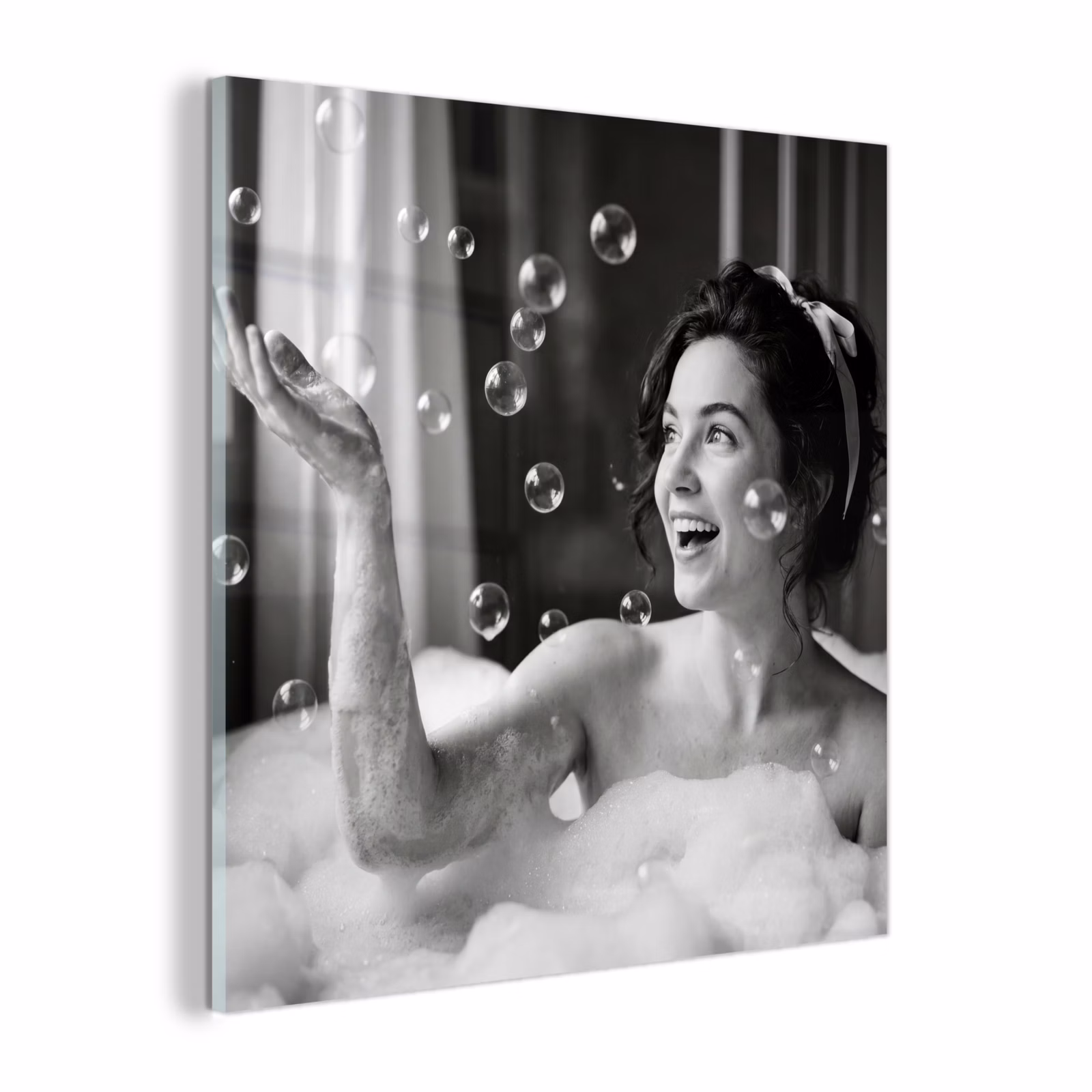 Glas schilderij - Bad - Bubbels - Zwart - Wit — 1