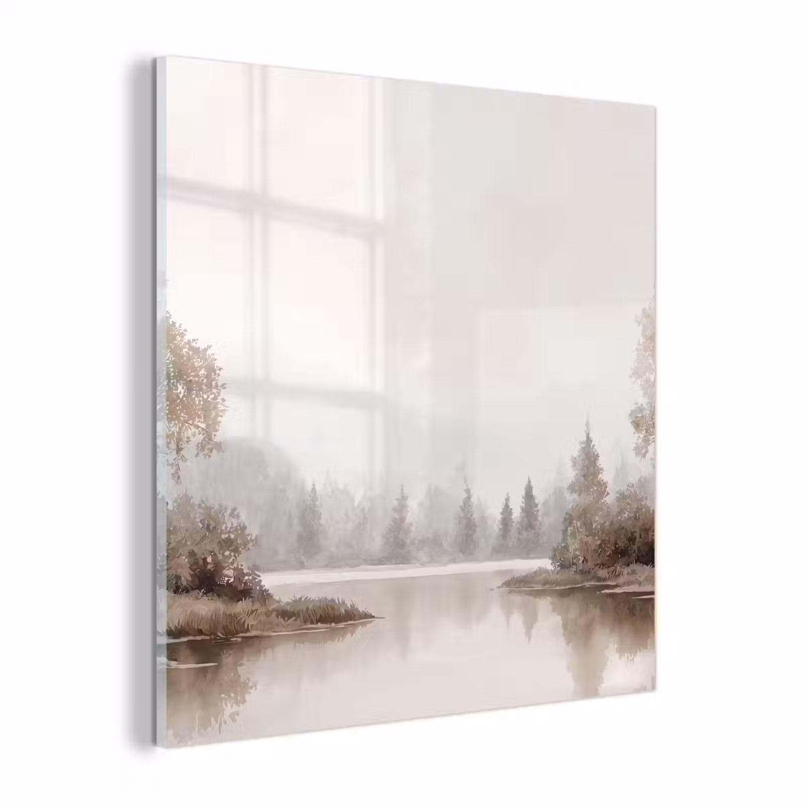 Glas schilderij - Rivierlandschap - Minimalistisch - Aardetinten — 1