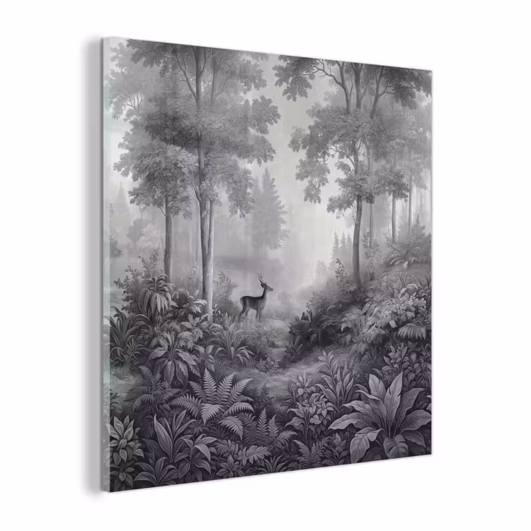 Glas schilderij - Bos - Hert - Zwart - Wit — 1