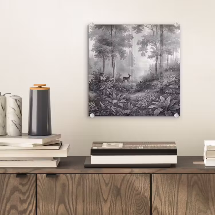 Glas schilderij - Bos - Hert - Zwart - Wit — 2