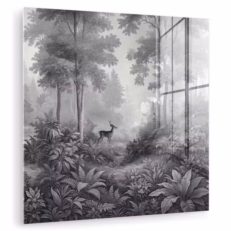 Glas schilderij - Bos - Hert - Zwart - Wit — 3