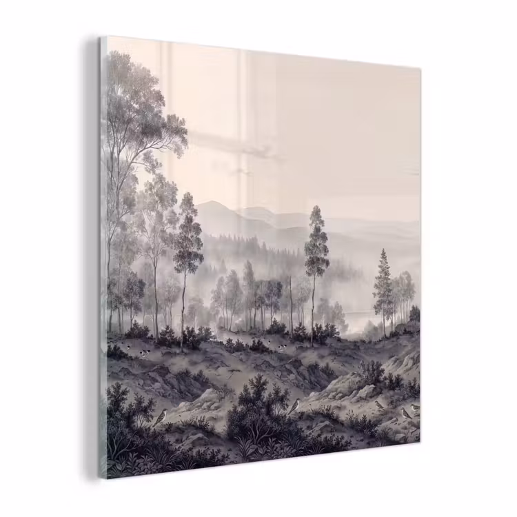 Glas schilderij - Mistig - Berglandschap - Illustratie — 1