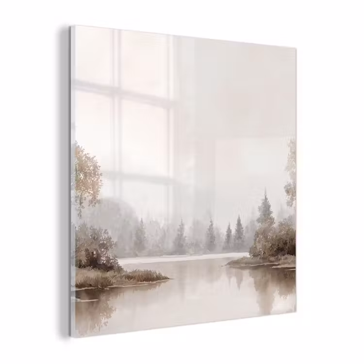 Glas schilderij - Rivierlandschap - Minimalistisch - Aardetinten — 1