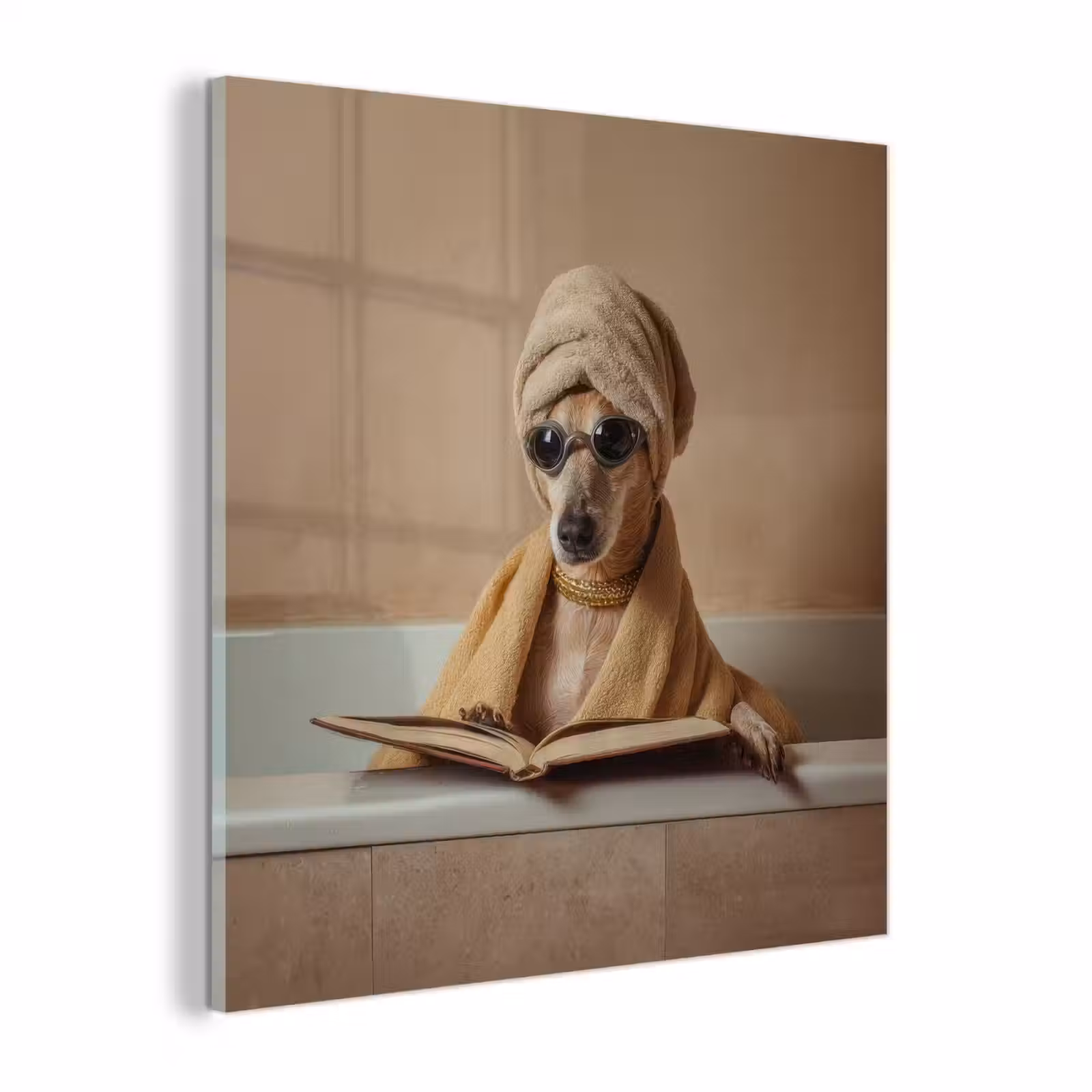 Glas schilderij - Bad - Hond - Boek - Zonnebril — 1