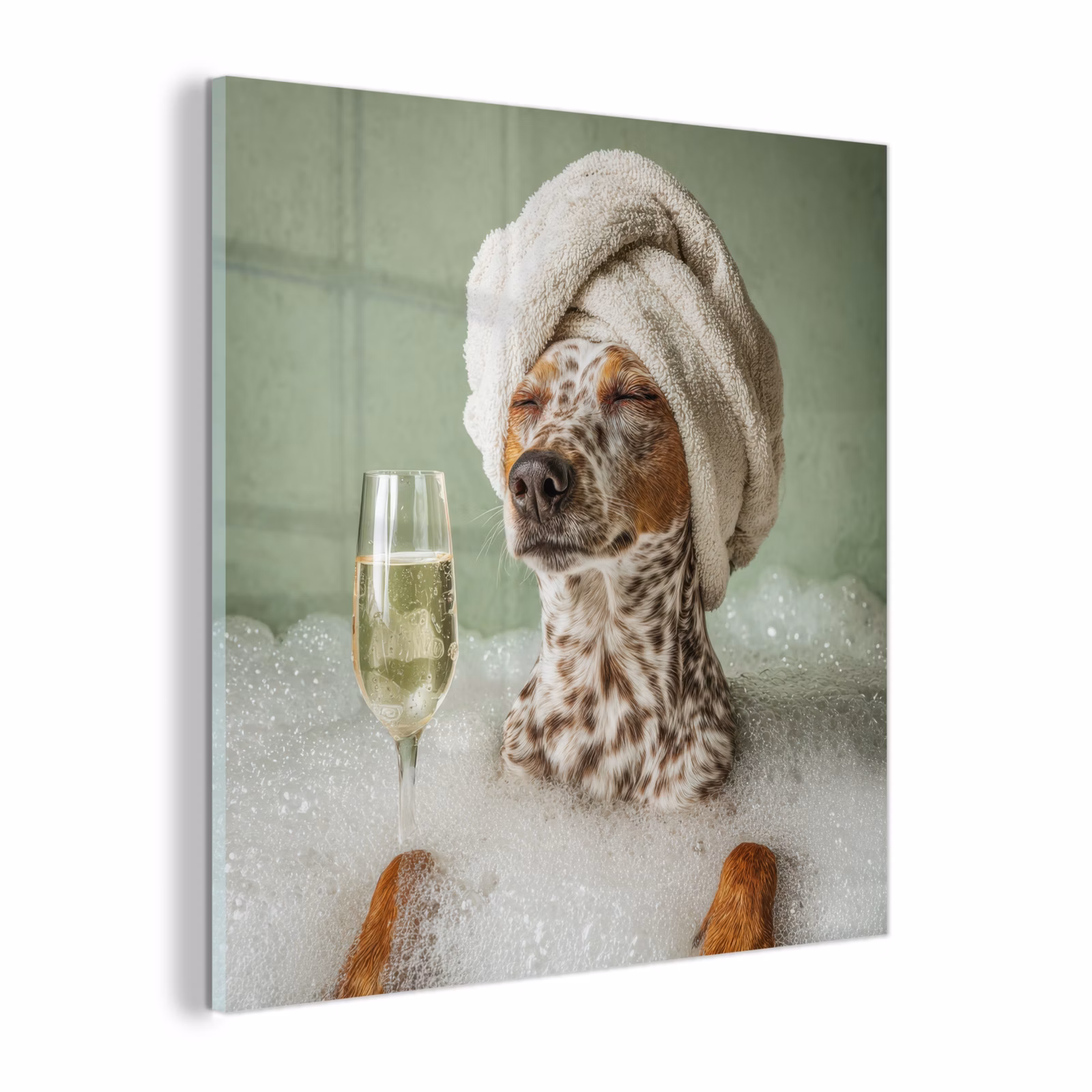 Glas schilderij - Hond - Bad - Champagne - Handdoek — 1