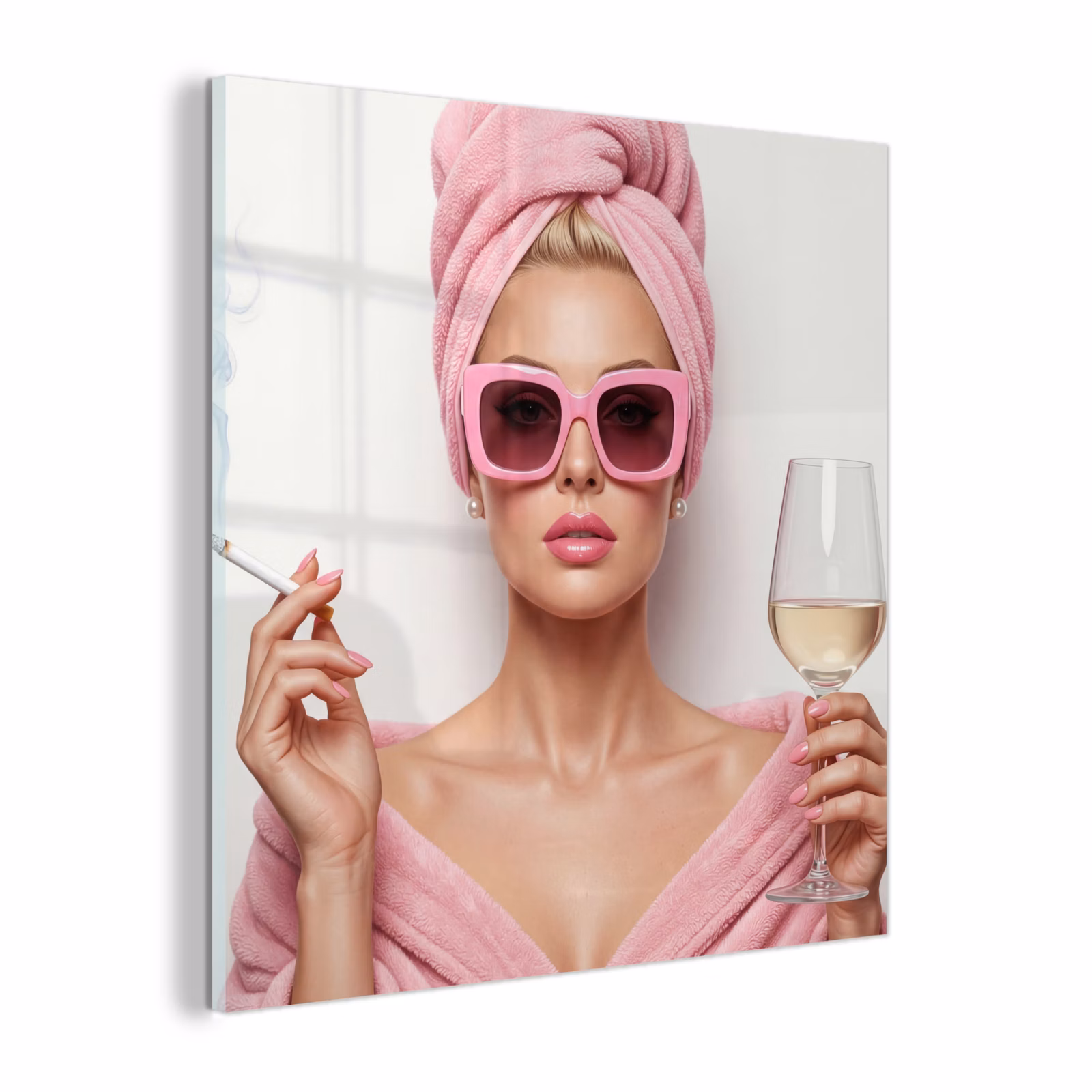 Glas schilderij - Vrouw - Roze - Wijn - Zonnebril — 1