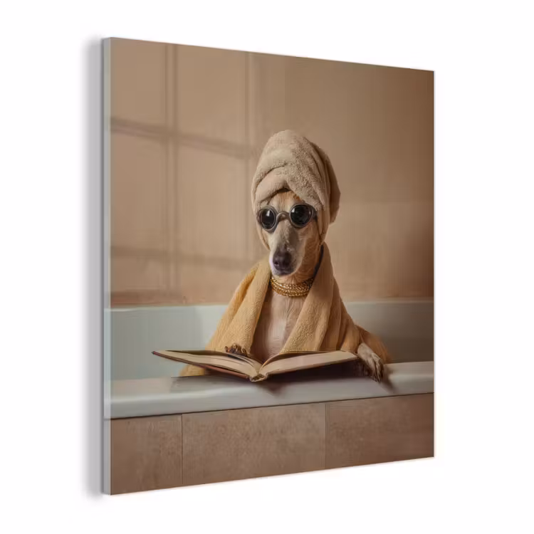 Glas schilderij - Bad - Hond - Boek - Zonnebril — 1
