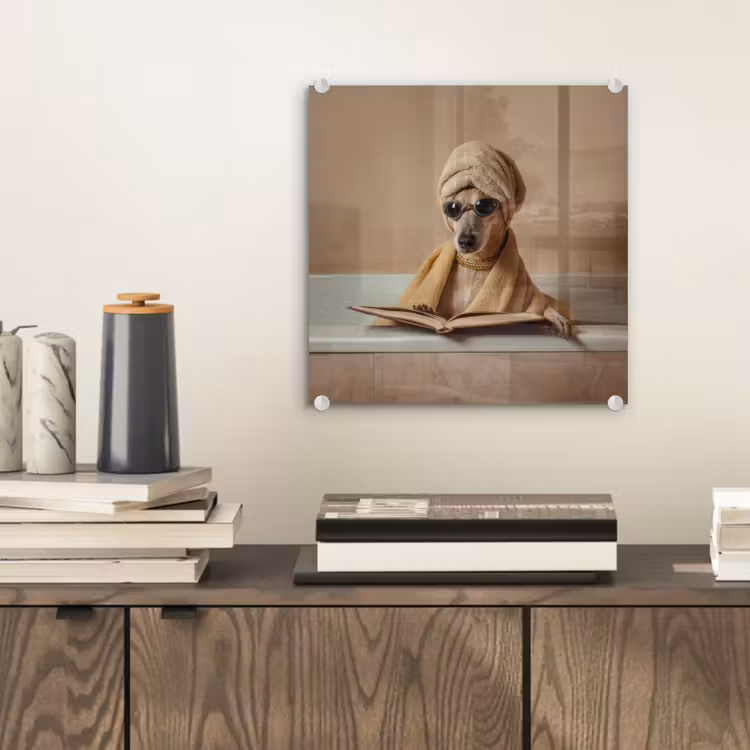 Glas schilderij - Bad - Hond - Boek - Zonnebril — 2